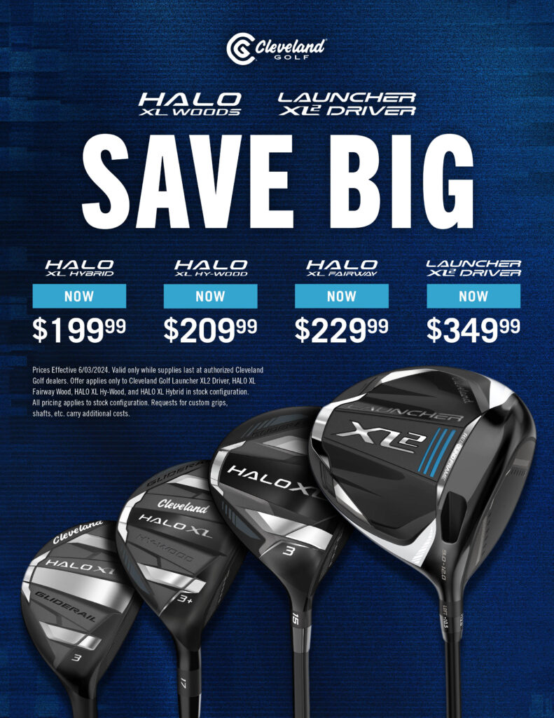 Save Big on Cleveland Golf Halo XL Woods and Launcer XL 2 Driver shows photo of all four club faces on dark blue background